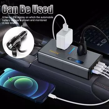 200W Power Inverter Sinewave 12V DC to 110V AC Inverter Adapter with 4 USB Ports Fast Charging LCD Display Power Transformer чёрный