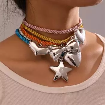 2014 Модные цветные веревочные банты с подвеской в виде сердца и звезды для женщин, ожерелье-чокеры, креативные короткие ожерелья для девочек 2000 года, ювелирные изделия