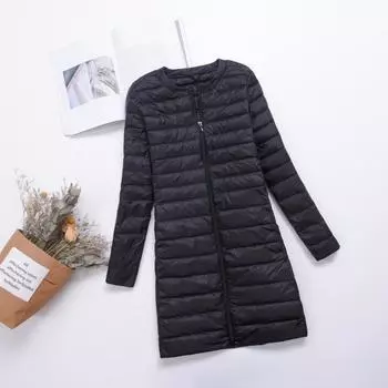 2019 осень и зима новый легкий и тонкий пуховик женский круглый вырез средний и длинный литературный воротник без воротника длинная молния подкладка M фиолетовый