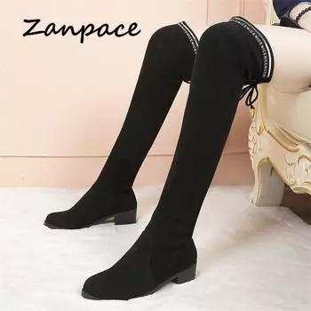 2019 Flock Thigh High Boots High Heels High Heels с бархатной подошвой, женские зимние повседневные сапоги выше колена на эластичной подошве 5 чёрный