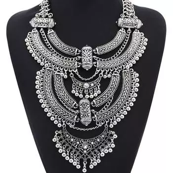 2019 г. Преувеличенное винтажное серебряное резное ожерелье с подвеской на ключицу золотой