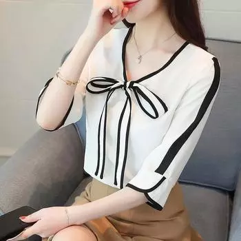 2019 г. Шифоновая блузка с бантом, рубашки, новые женские топы, модные летние офисные женские элегантные рубашки больших размеров с V-образным вырезом, женская одежда 0287 40 M белый