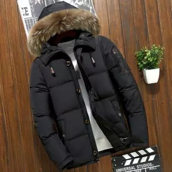 2019 Мужская пуховая куртка, короткая толстая куртка с капюшоном и большим меховым воротником, ветрозащитная толстая куртка, уличный комбинезон S чёрный
