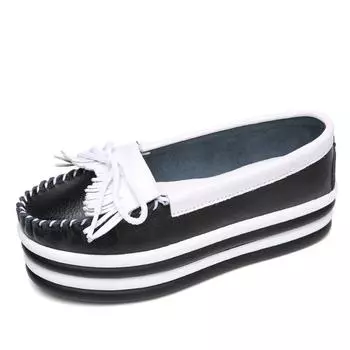 2019 New Spring High Quality Women Flats Platform Shoes Soft Leather Tassel Slip-on Round Toe Creeper Black Brogue Loafers Brand 3 чёрный