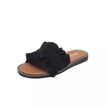 2019 Newest Summer Fashion Ruffles Flat Slippers Denim Canvas Black Beige 3 Colors Casual Outside Beach Slides Women Shoes 4 чёрный