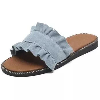 2019 Newest Summer Fashion Ruffles Flat Slippers Denim Canvas Black Beige 3 Colors Casual Outside Beach Slides Women Shoes 4 чёрный