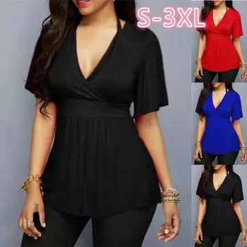 2019 Новая летняя женская футболка с V-образным вырезом и оборками на рукавах, тонкая футболка с халтером S красный