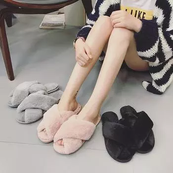 2019 Winter Women Home Slippers with Faux Fur Fashion Warm Shoes Woman Slip on Flats Female Slides Black Pink Plus Size 36-41 5