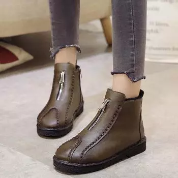 2019 Женские ботильоны Большие размеры Кожаные женские ботинки ручной работы с круглым носком на молнии Женская обувь Ботильоны для женщин 35 чёрный