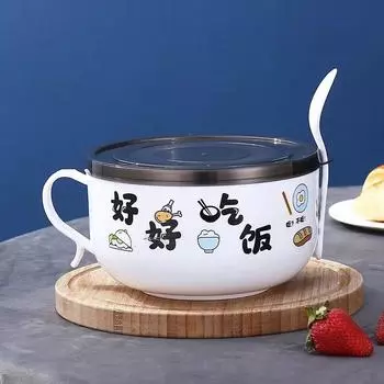 201 Нержавеющая сталь Миска для лапши быстрого приготовления Общежитие Большая емкость Миска для риса с крышкой Ланч-бокс 1200ML синий