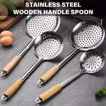 201Нержавеющая сталь сито-ковш с большой сеткой шумовка с деревянной ручкой ложка-шумовка для масла подходит для использования на кухне S