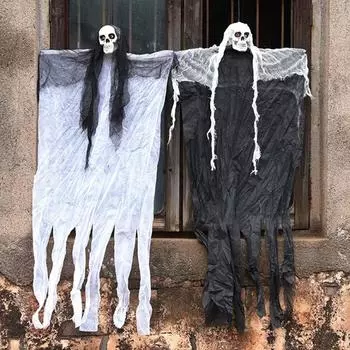 2020 100Cm Skeleton Halloween Hanging Black White Skull Reaper Decoration Prop белый