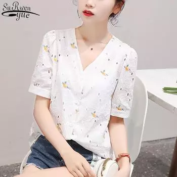 2020 Белая рубашка, женская летняя женская блузка с пышными рукавами и v-образным вырезом, винтажная блузка с коротким рукавом