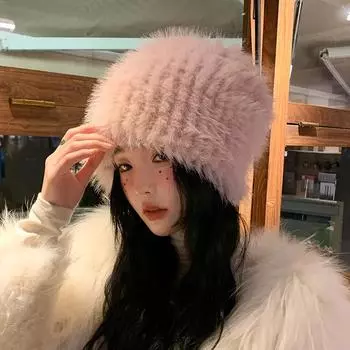 2020 Искусственный мех, однотонные вязаные шапки для женщин и девочек, осенняя шапка-бини, теплая женская зимняя шапка с черепом 54-60cm