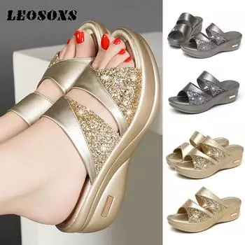 2020 летние блестящие тапочки, женская обувь, женские туфли из искусственной кожи на танкетке, туфли на плоской подошве, женские повседневные сандалии с открытой пяткой, удобная платформа 35 золотой