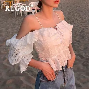 2020 Милая кружевная полые вышитые топ на два плеча, блузка-бандо на бретельках, рубашка с расклешенными рукавами и рюшами One Size белый
