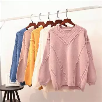 2020 новая весенне-осенняя корейская версия женского свитера с v-образным вырезом, пуловера, рубашки с коротким абзацем и длинным рукавом, свободная дикая...