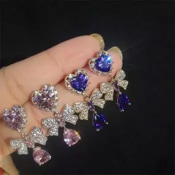 2020 Новое поступление, Лидер продаж, роскошные милые ювелирные изделия из стерлингового серебра 925 пробы, в форме сердца с сапфиром, женские свадебные серьги с бантом розовый