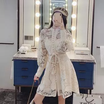 2020 новое весеннее платье для подиума с автопортретом и полыми рукавами-фонариками, кружевное вечернее платье с вышивкой S бежевый