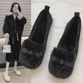 2020 Новые бархатные туфли с бантом на плоской подошве и меховой подкладкой для женщин - Осень/Зима 42 серый