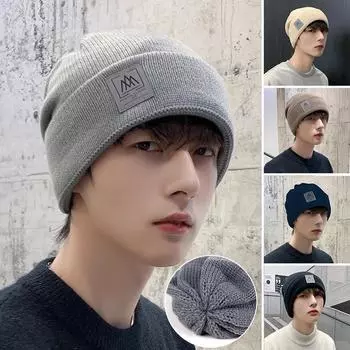 2020 Осень Зима Мужская шерстяная шапка Однотонная мешковатая шапка-бини Сохраняющая тепло Мужская вязаная шапка Защита ушей Кепка Skullies One Size