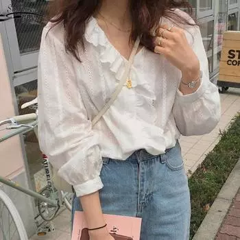 2020 повседневный свободный кардиган, женская блузка, новая осенняя хлопковая рубашка с пышными рукавами, женские рубашки больших размеров, белые топы с длинным рукавом и v-образным вырезом XL белый
