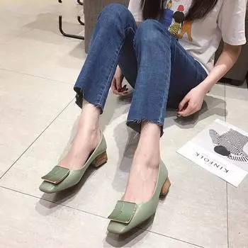 2020 Роскошные женские весенние туфли на плоской подошве с квадратным носком и средним каблуком, модные металлические туфли-лодочки на низком каблуке, женские туфли на платформе9 35 бежевый