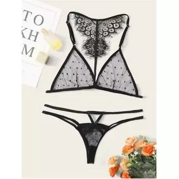 Сексуальное нижнее белье Черное кружево Полый бюстгальтер Трусики Перспектива Бикини Трехточечные комплекты Эротическое нижнее белье S чёрный