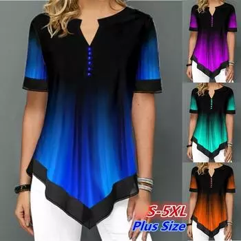 2020 трендовые летние женские модные повседневные рубашки и блузки с круглым вырезом и пуговицами в полоску с короткими рукавами и принтом, шифоновые туники нестандартной формы, топы 2XL синий