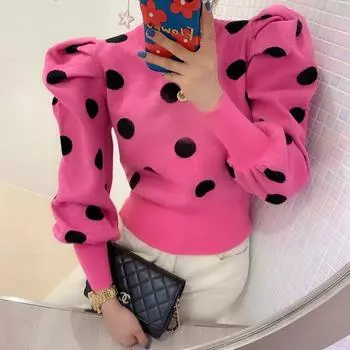 Весенний новый дизайн женский свитер в горошек с оборками и рукавами-фонариками пуловеры женский модный джемпер One Size красный