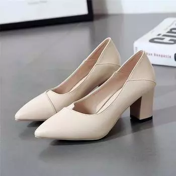 2020 Женская обувь Женская мода Толстая с высоким каблуком заостренный одинарный деловой стиль платья 35 бежевый