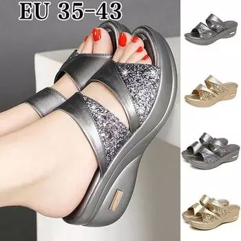 2020 женские сандалии на танкетке, мягкие тапочки с открытым носком, тапочки на платформе с открытым носком, обувь с пайетками 43 золотой