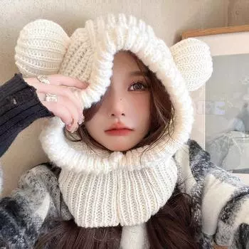 2020Cute Bear Ear Женская вязаная шапка с капюшоном, зимняя теплая защитная шапка-шарф, уличная однотонная вязаная крючком ветрозащитная Балаклава One Size