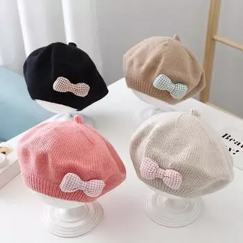 2020Детский вязаный берет для девочек, милый бант, кепка принцессы-художника, однотонная вязаная крючком шапка, осенне-зимние теплые детские шапочки 46-51cm fit 1-4Y