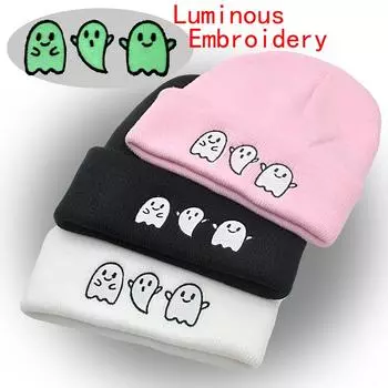 2020Halloween Ghost Beanie Светящаяся вышитая вязаная шапка унисекс лыжная уличная шапка светится в темноте M