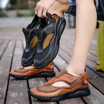 2021 летние мужские кожаные сандалии, модные дышащие повседневные прогулочные туфли большого размера, дорожная обувь 38 чёрный