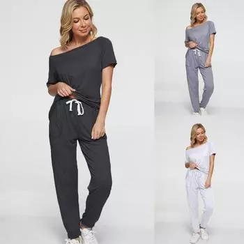 2021 Летняя мода женский повседневный костюм однотонный короткий рукав топ брюки комплект из двух предметов S белый