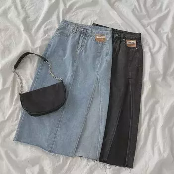 2021 Летняя женская джинсовая юбка А-силуэта с высокой талией и боковыми разрезами - Модный облегающий крой Large чёрный