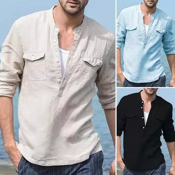 2021 модная повседневная рубашка Mannen Losse Katoenen Linnen Pocket Effen Kleur Lange Mouw Toevallige Comfortabele Mannen Shirts S хаки