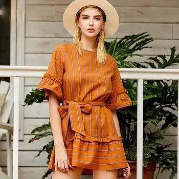 2021 Модное популярное цветное летнее повседневное милое платье для отдыха с плиссированным поясом и эластичной тесьмой в стиле пэчворк (S-XXL) S