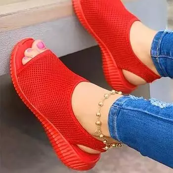 2021 Модные женские повседневные однотонные вязаные сетчатые удобные трендовые универсальные летние сандалии с плоской подошвой и принтом 36 красный