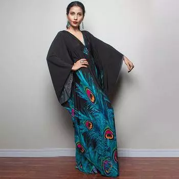 2021 накидка с павлином, сексуальные летние пляжные платья с глубоким v-образным вырезом, верхняя одежда, кафтан, женская пляжная одежда, купальник, накидка, халат Q1289 One Size чёрный