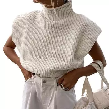 2021 Новая мода женская повседневная однотонная трикотажная нижняя рубашка сексуальный свитер без рукавов с высоким воротом S белый