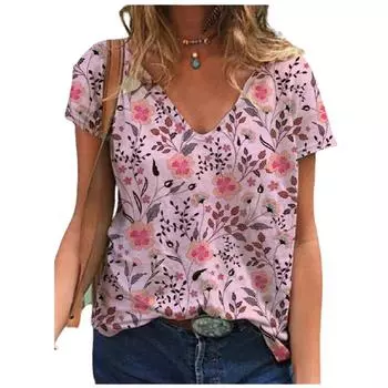 2021 Новая женская летняя футболка, модная повседневная женская футболка с цветочным принтом и v-образным вырезом, пуловер с короткими рукавами, топ 3XL, свободная уличная одежда S