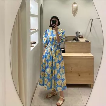 2021 Новое платье с пышными рукавами и круглым вырезом, большим цветком и эластичной резинкой на талии One Size жёлтый