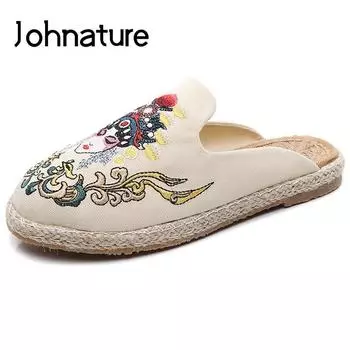 2021 новые осенние уличные сандалии с вышивкой на плоской подошве и шлепанцами, парусиновая женская обувь в национальном стиле 4 чёрный