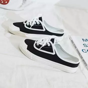 2021 Новые парусиновые туфли без каблука, женские полускользящие корейские туфли для ленивых, студенческие белые туфли с одной педалью, полуподдерживающие туфли для досок 35 белый