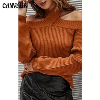 2021 осень и зима, новый пригородный OL, большой размер, сексуальный однотонный тонкий вязаный свитер с открытыми плечами для женщин S хаки
