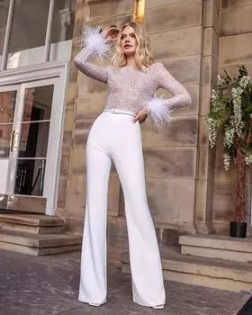 2021 Осень/Зима Европейская и Американская Мода Перья Блестки Вышивка Сексуальный Комбинезон 2XL белый