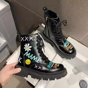 2021 осенние новые модные женские ботинки, персонализированные ботинки martin на толстой подошве с граффити, повседневная обувь 35 чёрный